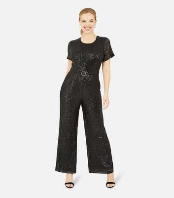 Yumi Black Sequin Belted Jumpsuit