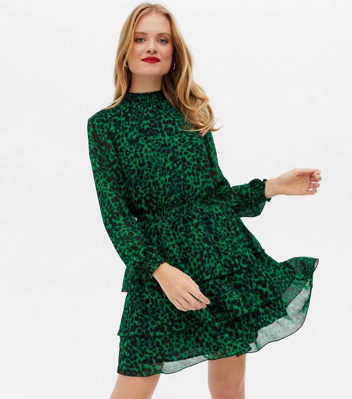 Green Leopard Print High Neck Tiered Mini Dress | New Look