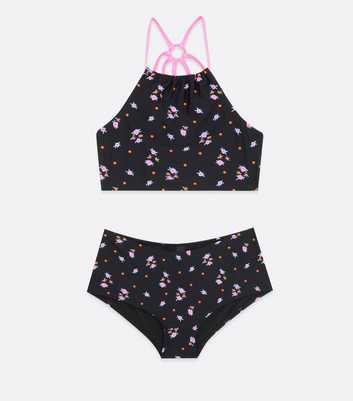 Girls Black Ditsy Floral Bikini Top and Bottom Set