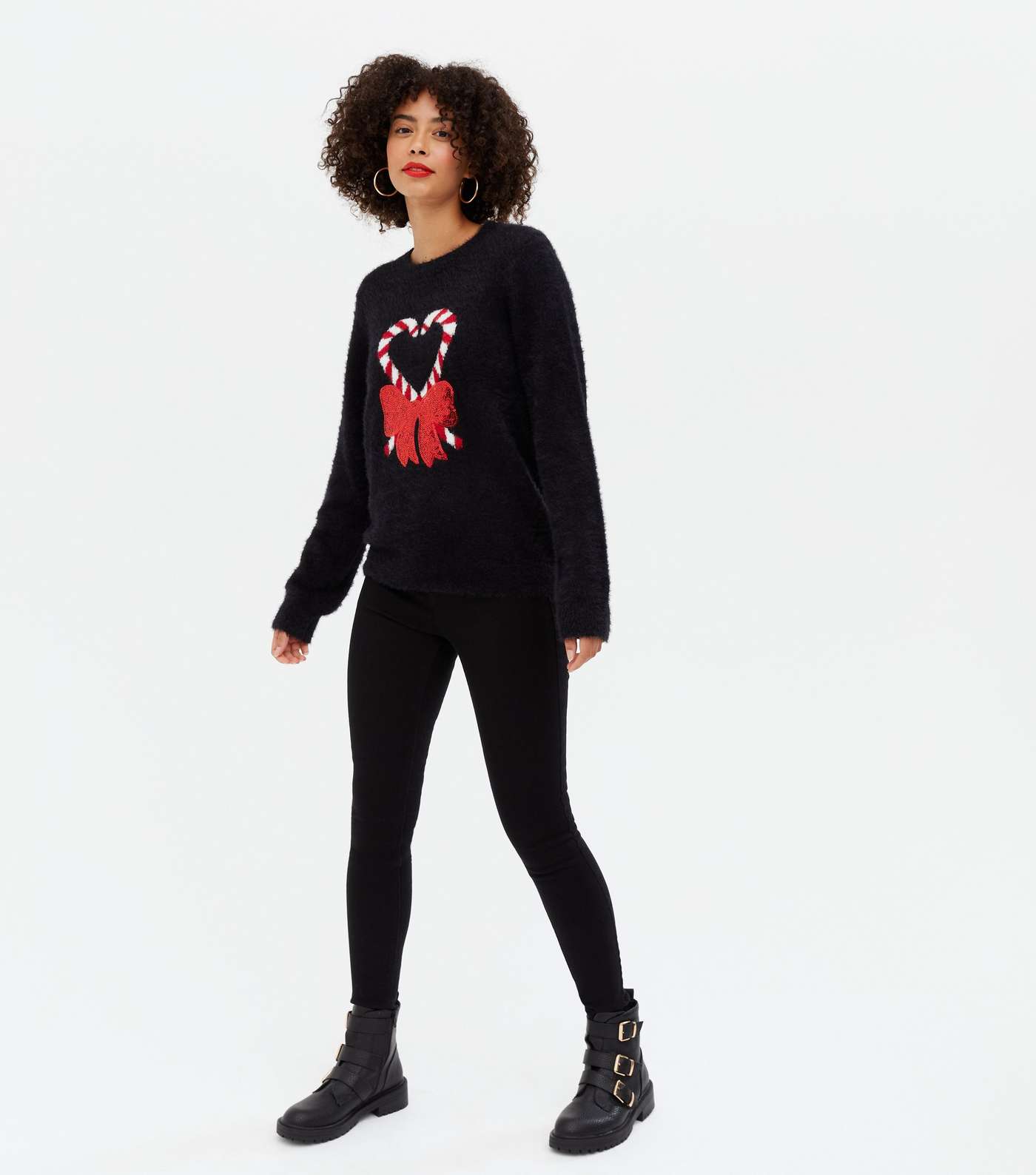 Tall Black Fluffy Candy Cane Christmas Jumper Image 2