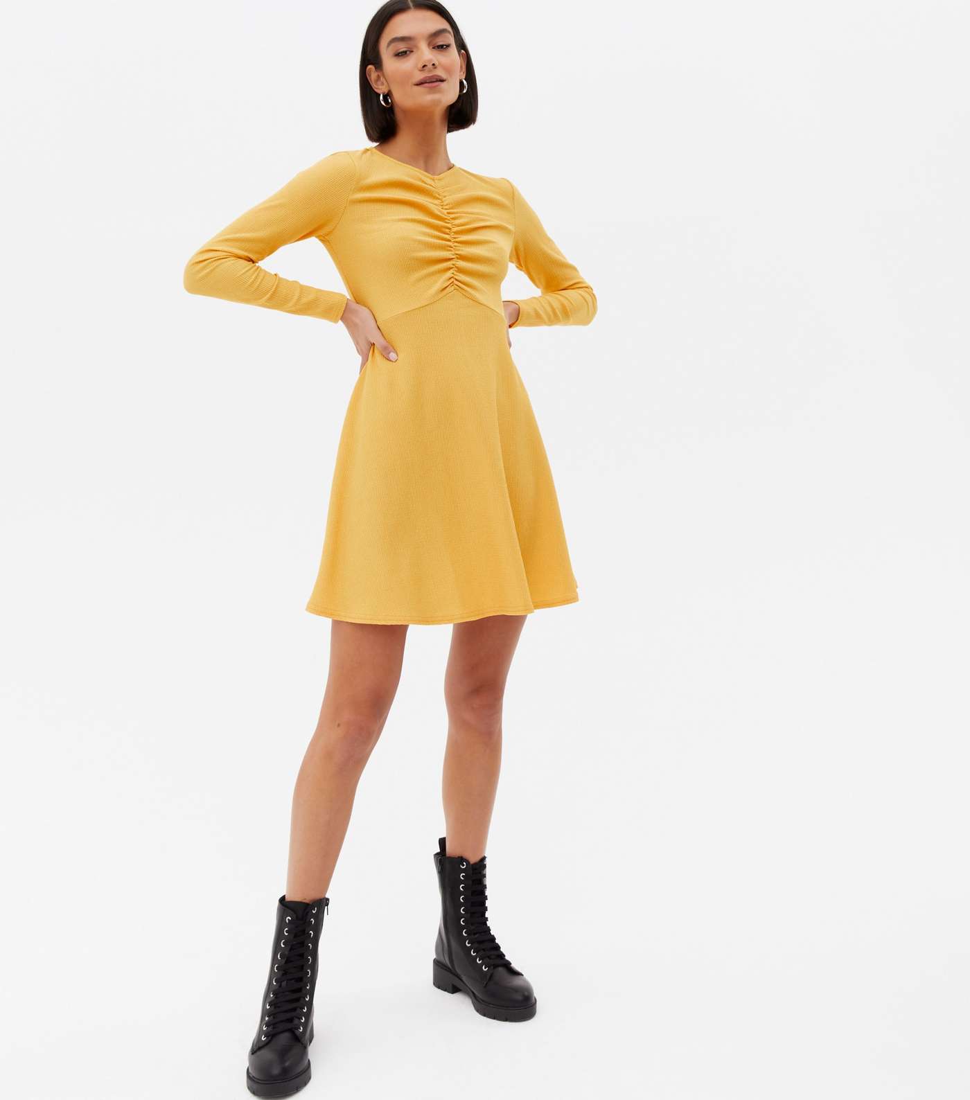 Mustard Crinkle Jersey Ruched Mini Dress Image 2