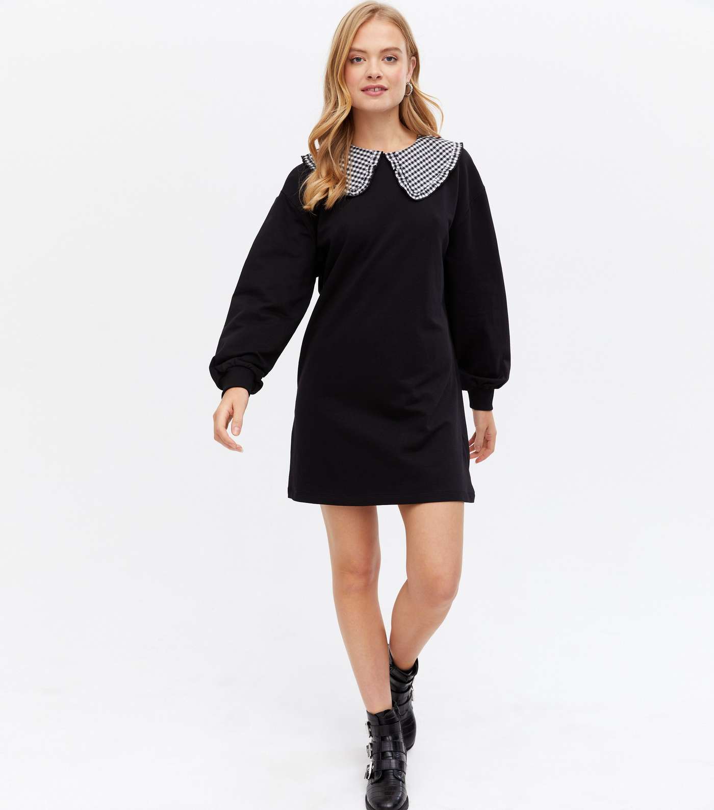 Black Gingham Collar Mini Sweatshirt Dress Image 2
