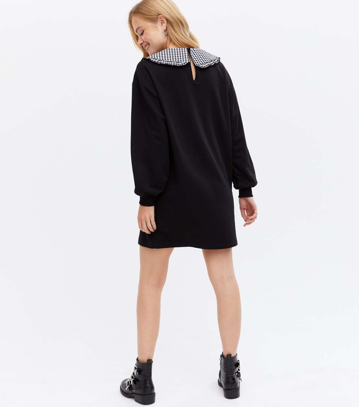 Black Gingham Collar Mini Sweatshirt Dress Image 4