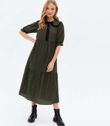 Khaki Check Frill Collar Tiered Midi Dress