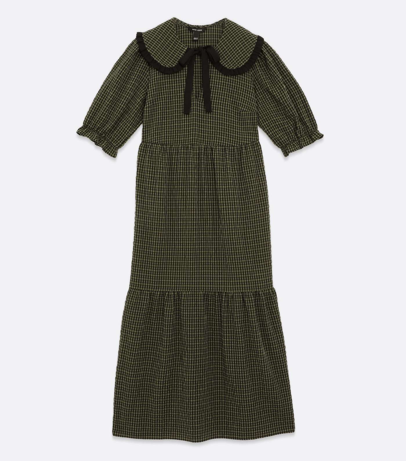 Khaki Check Frill Collar Tiered Midi Dress Image 5