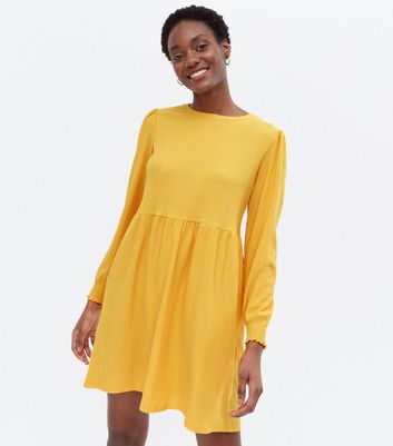 Damen Bekleidung Mustard Crinkle Jersey Long Sleeve Mini Smock Dress