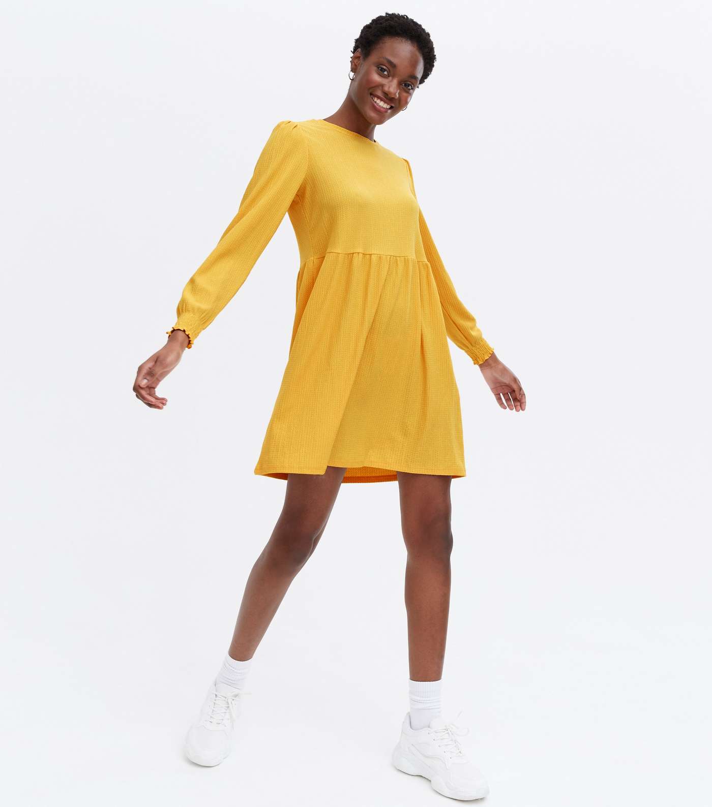 Mustard Crinkle Jersey Long Sleeve Mini Smock Dress Image 2