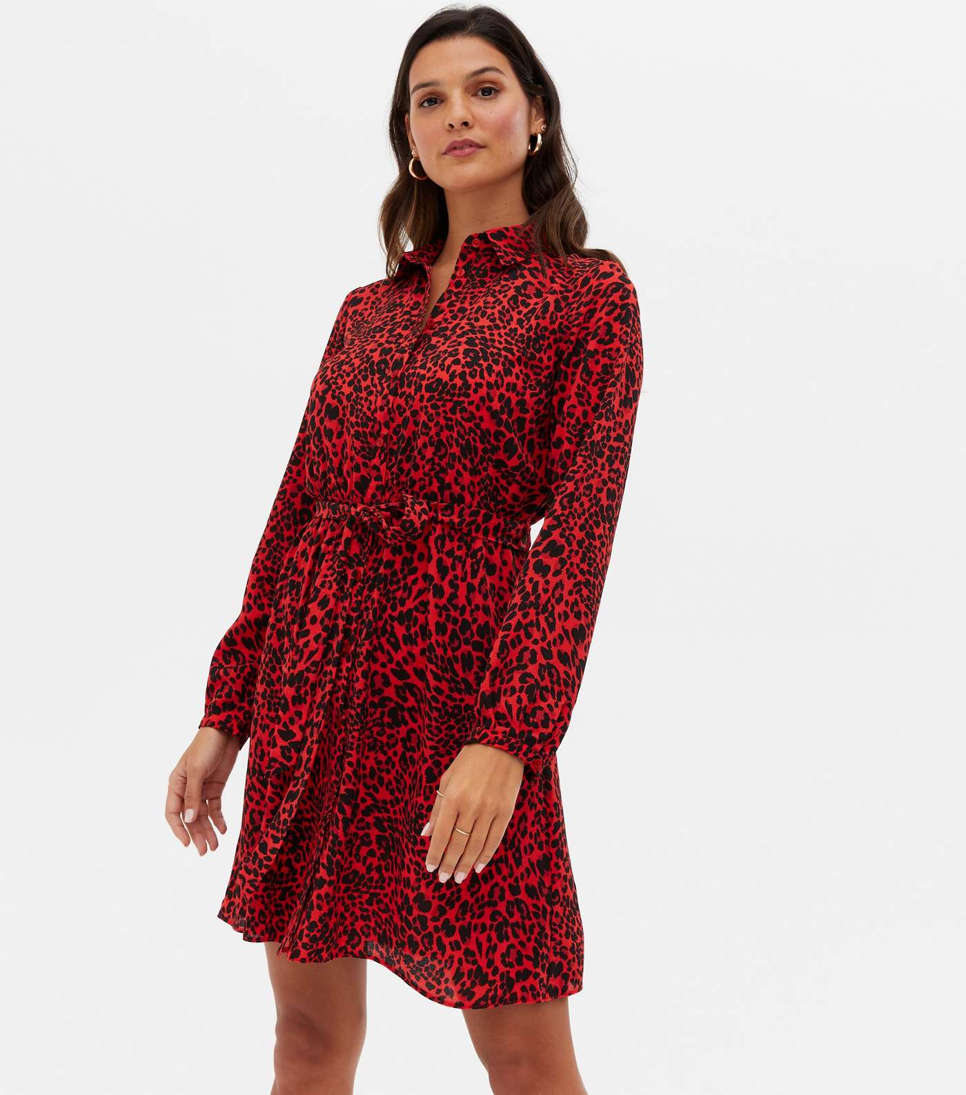 Red Leopard Print Belted Mini Shirt Dress Image 2