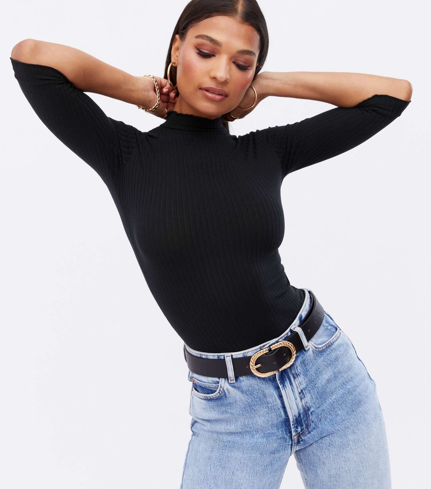 Black Ribbed Frill High Neck 3/4 Sleeve Top