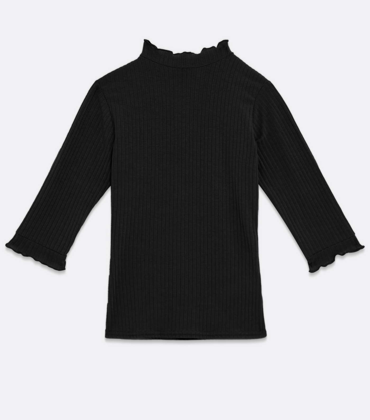 Black Ribbed Frill High Neck 3/4 Sleeve Top Image 5