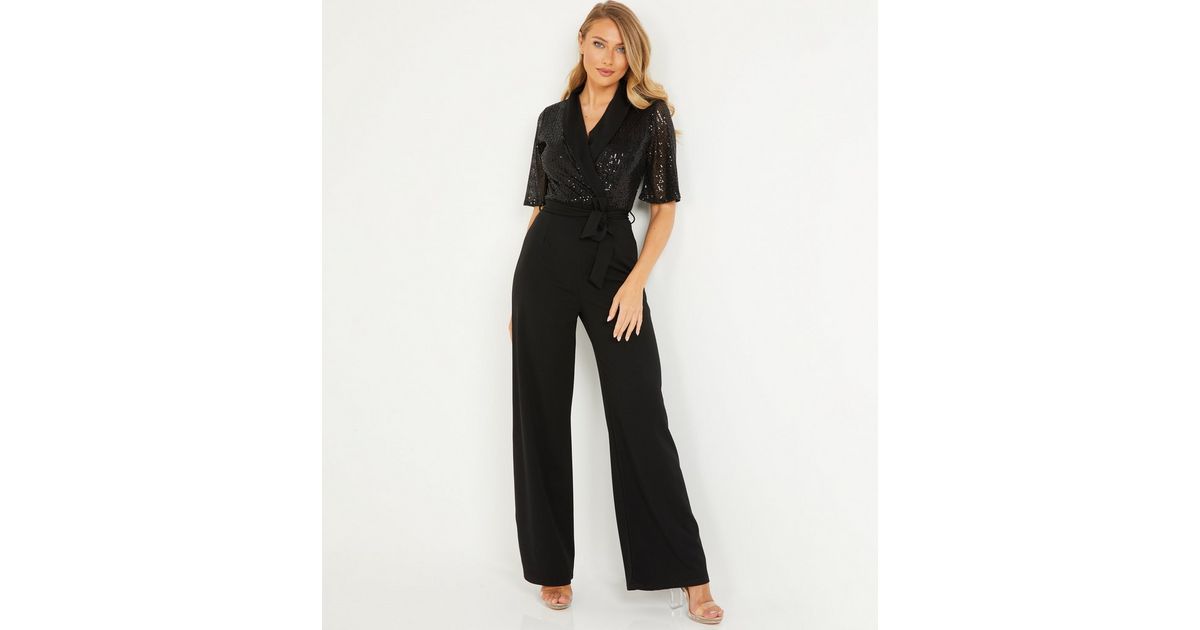 QUIZ Black Sequin Collared Wide Leg Wrap Jumpsuit New Look