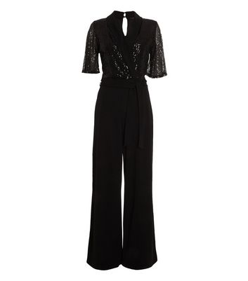 Quiz black sequin shop lace wide leg jumpsuit