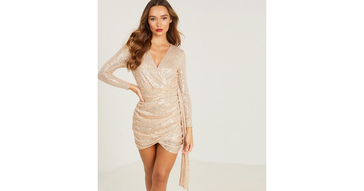 QUIZ Gold Sequin Belted Mini Wrap Bodycon Dress New Look