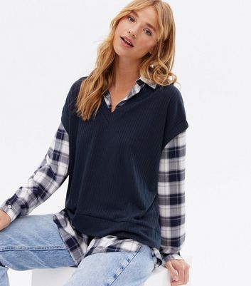 Blue Check Ribbed 2 in 1 Vest Shirt 