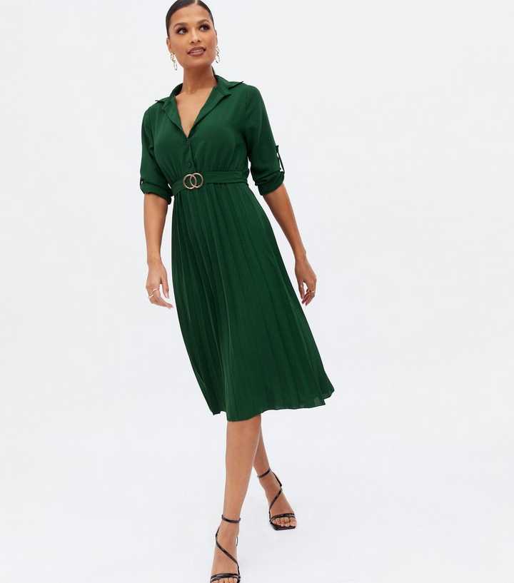 Mela Dark Green Pleated Belted Midi Shirt Dress | New Look