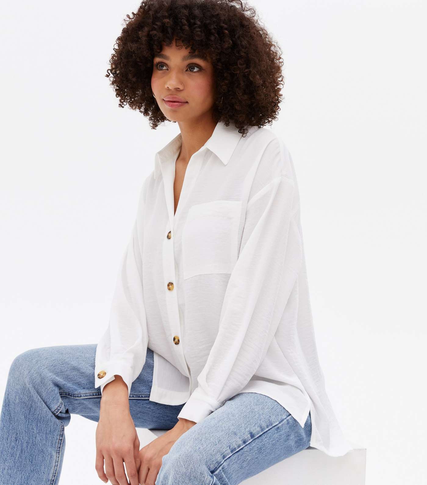 Off White Pocket Front Long Sleeve Oversized Shirt