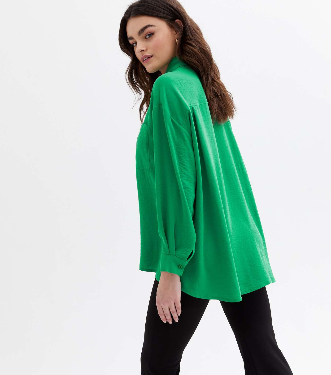 Green Pocket Front Long Sleeve Oversized Shirt Image 4