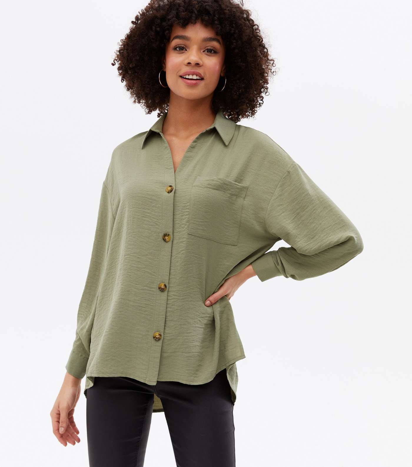 Olive Pocket Front Long Sleeve Oversized Shirt