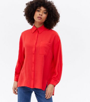 Red Pocket Front Long Sleeve Oversized Shirt | New Look