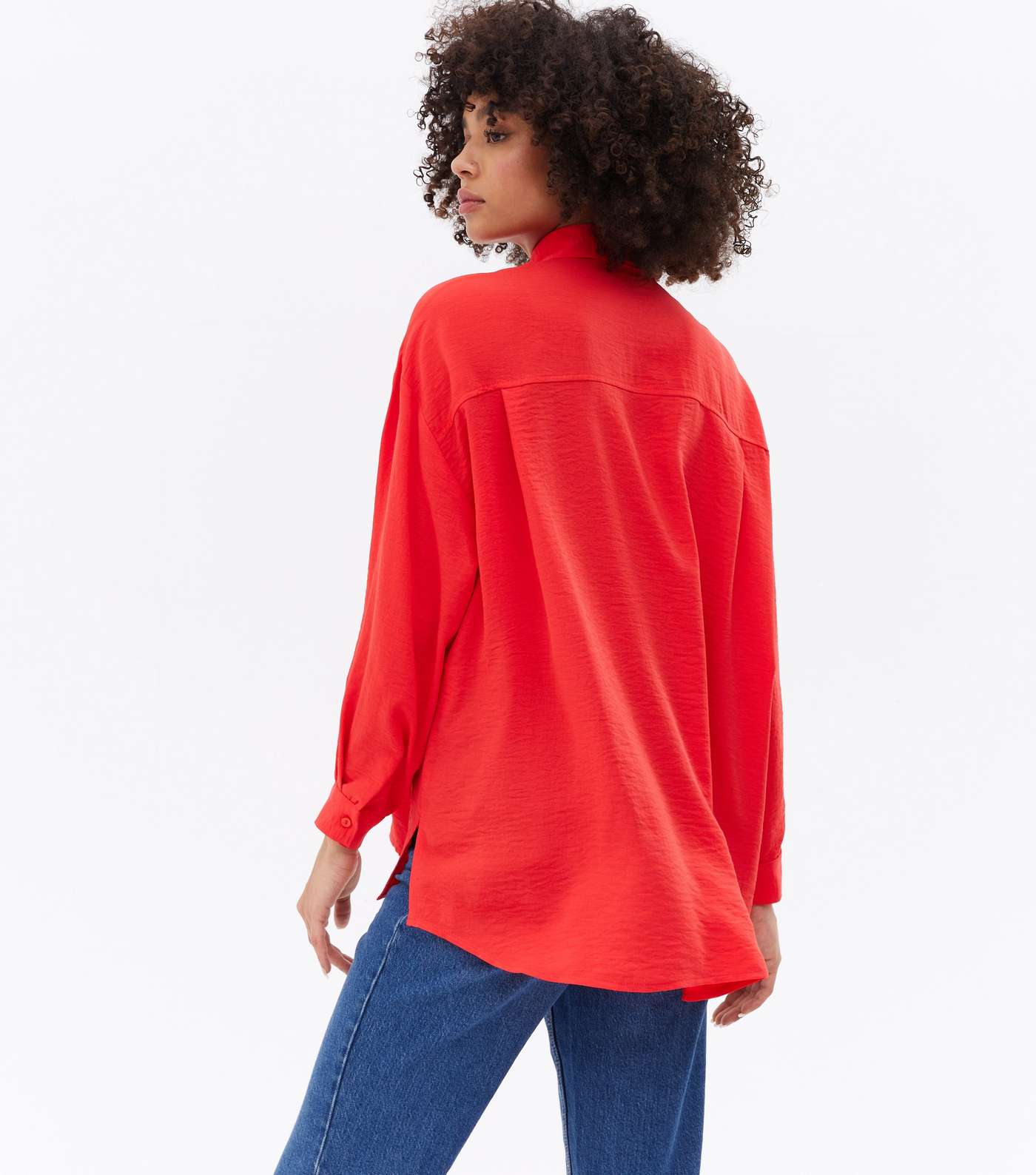 Red Pocket Front Long Sleeve Oversized Shirt Image 4