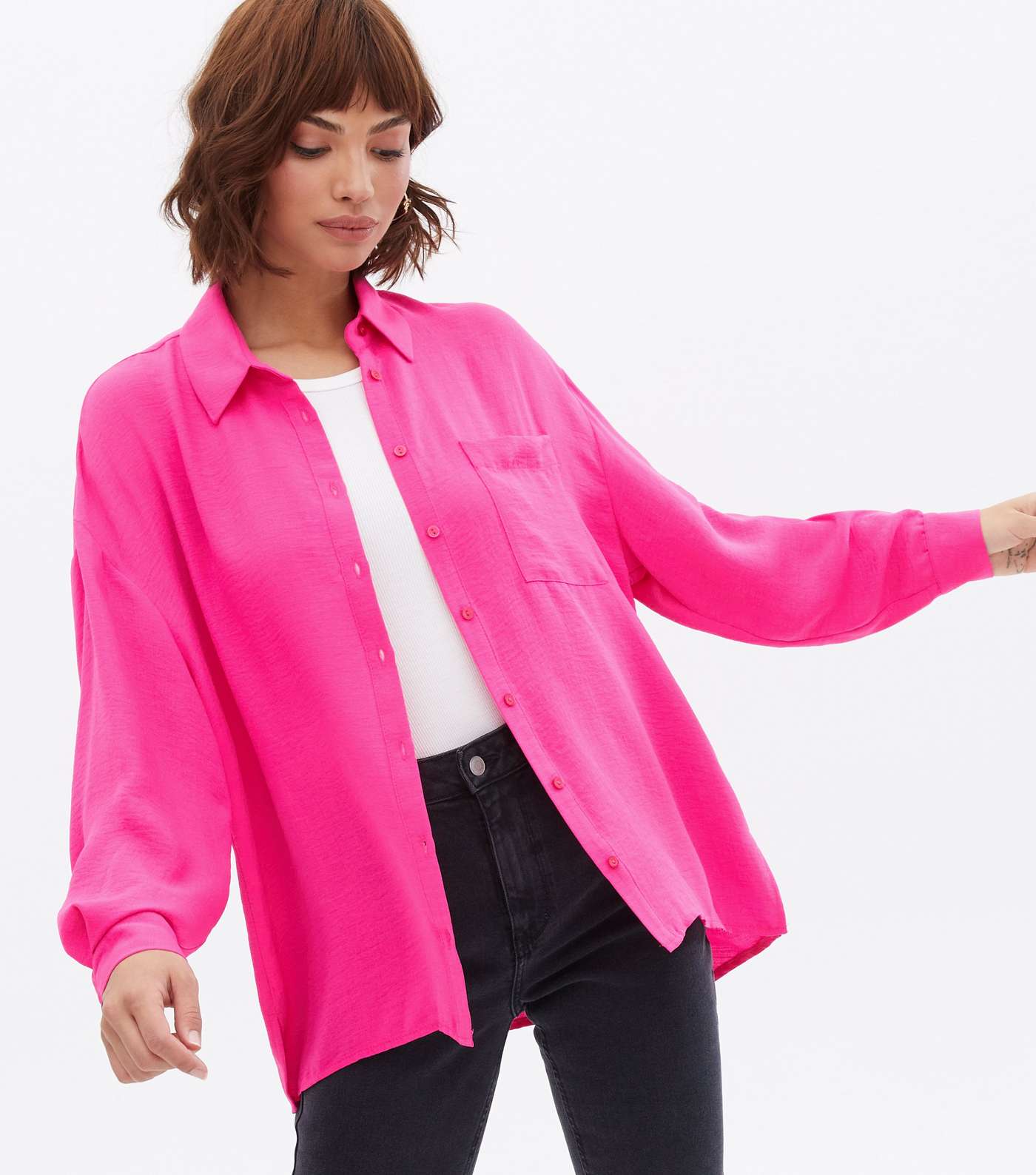 Bright Pink Pocket Front Long Sleeve Oversized Shirt