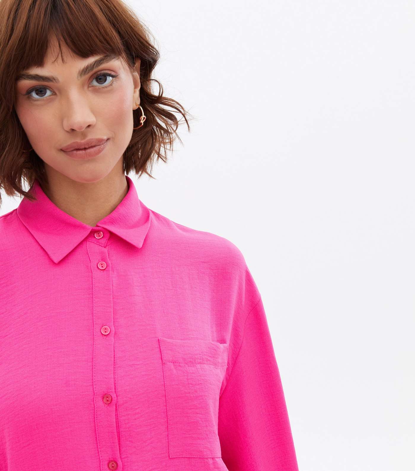 Bright Pink Pocket Front Long Sleeve Oversized Shirt Image 3