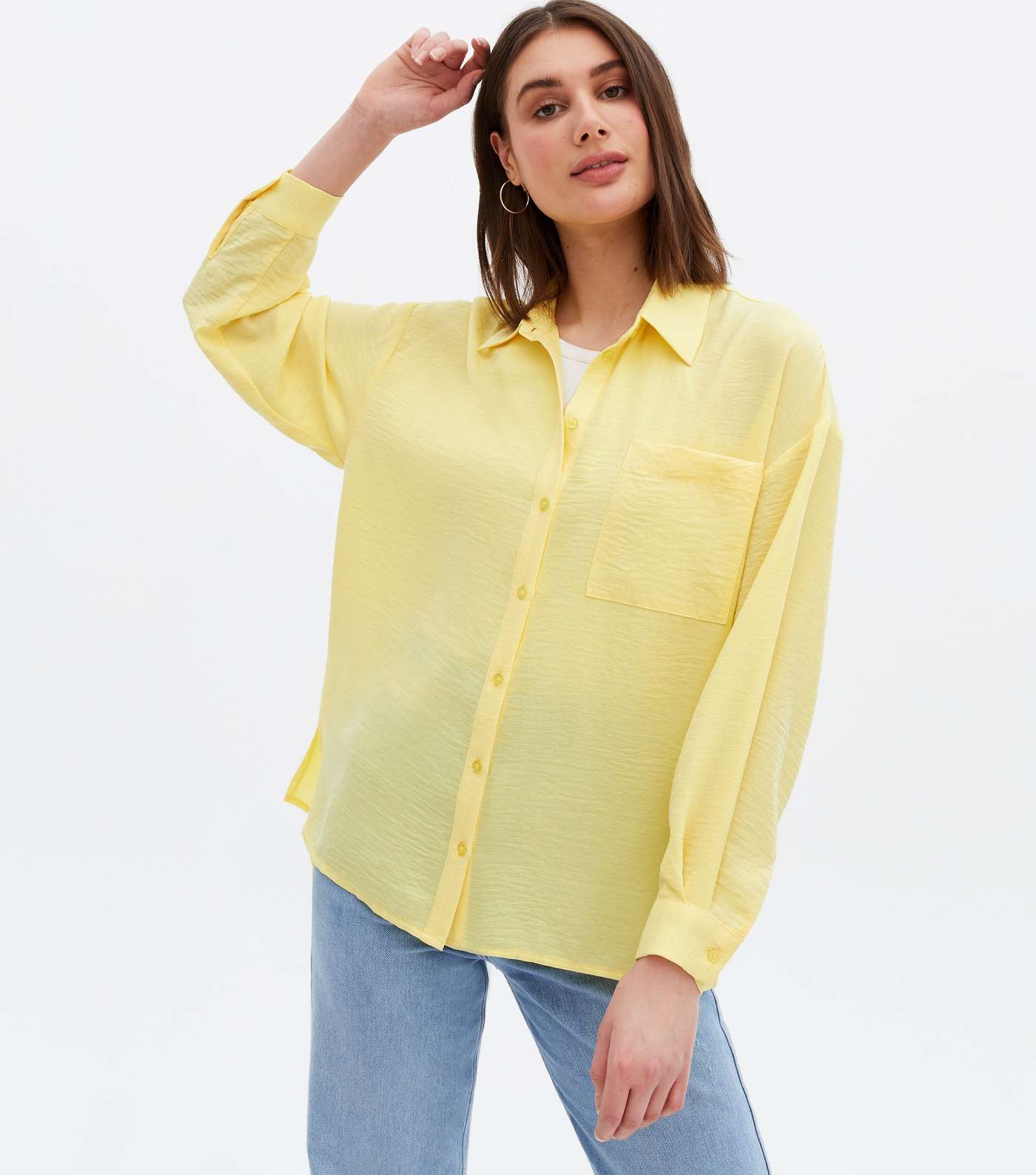 Pale Yellow Pocket Front Long Sleeve Oversized Shirt Image 3