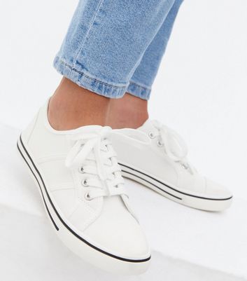 White Canvas Lace Up Trainers New Look Vegan