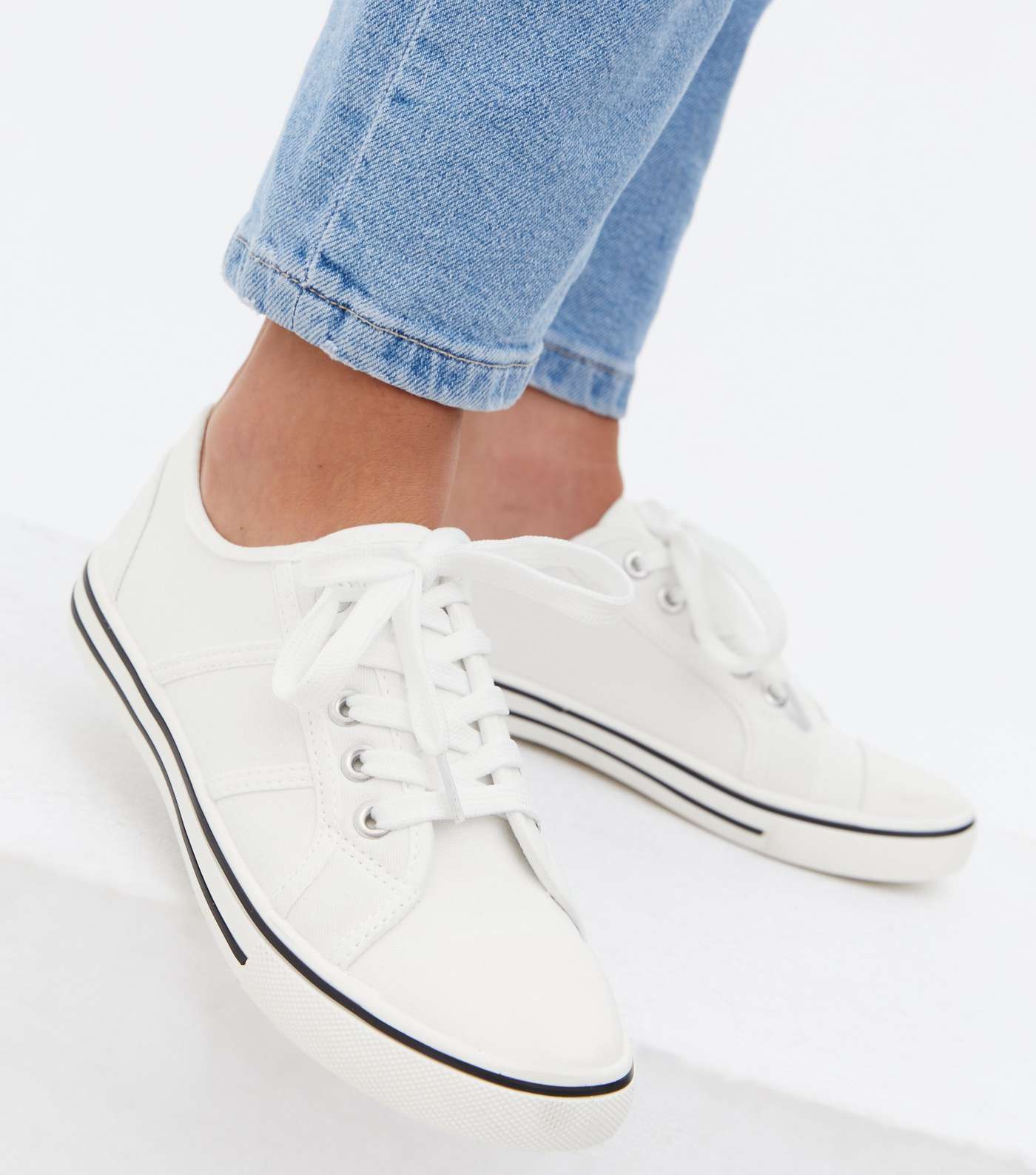 White Canvas Lace Up Trainers Image 2