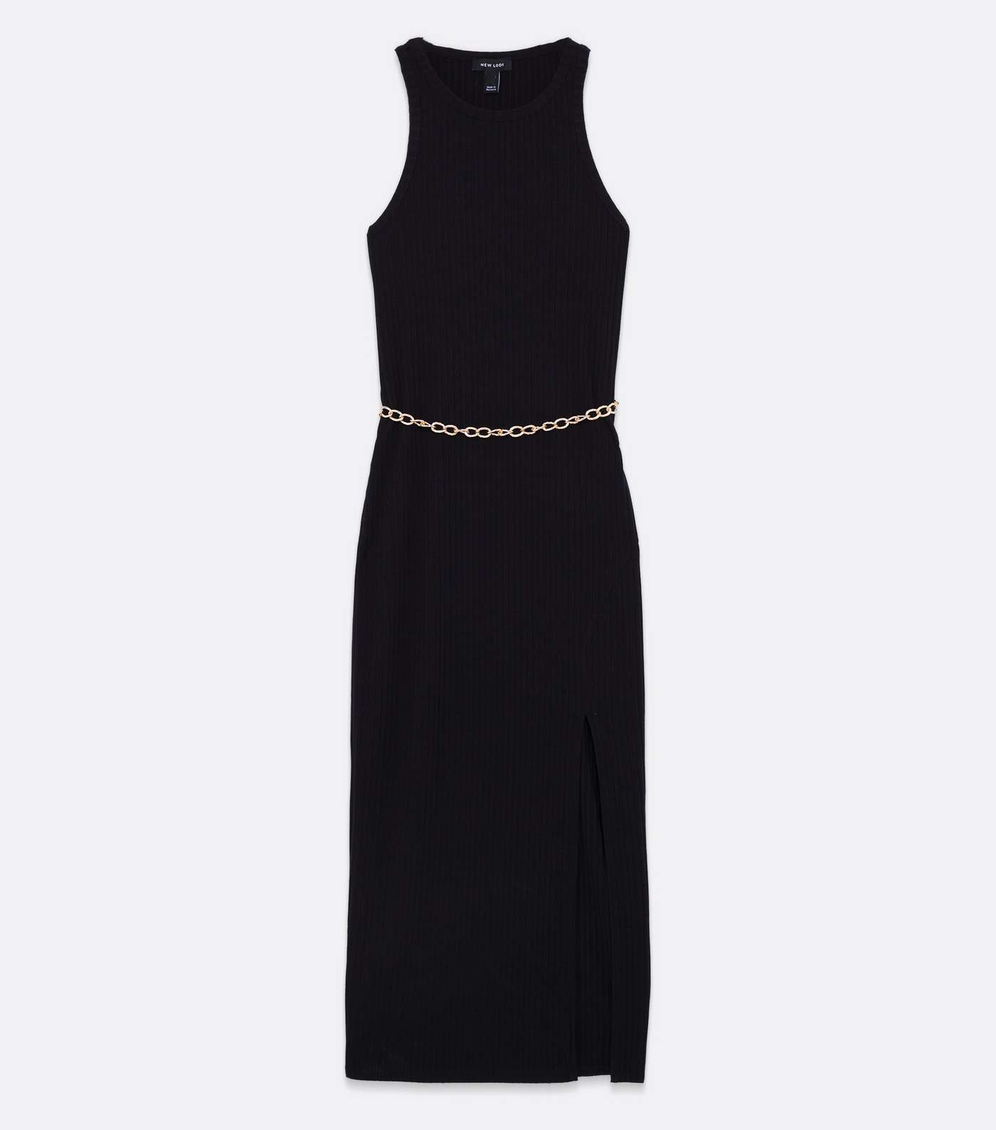 Black Ribbed Gold Chain Belted Split Midi Dress Image 5