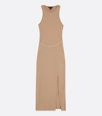 Click to view product details and reviews for Camel Ribbed Chain Belted Split Midi Dress New Look.