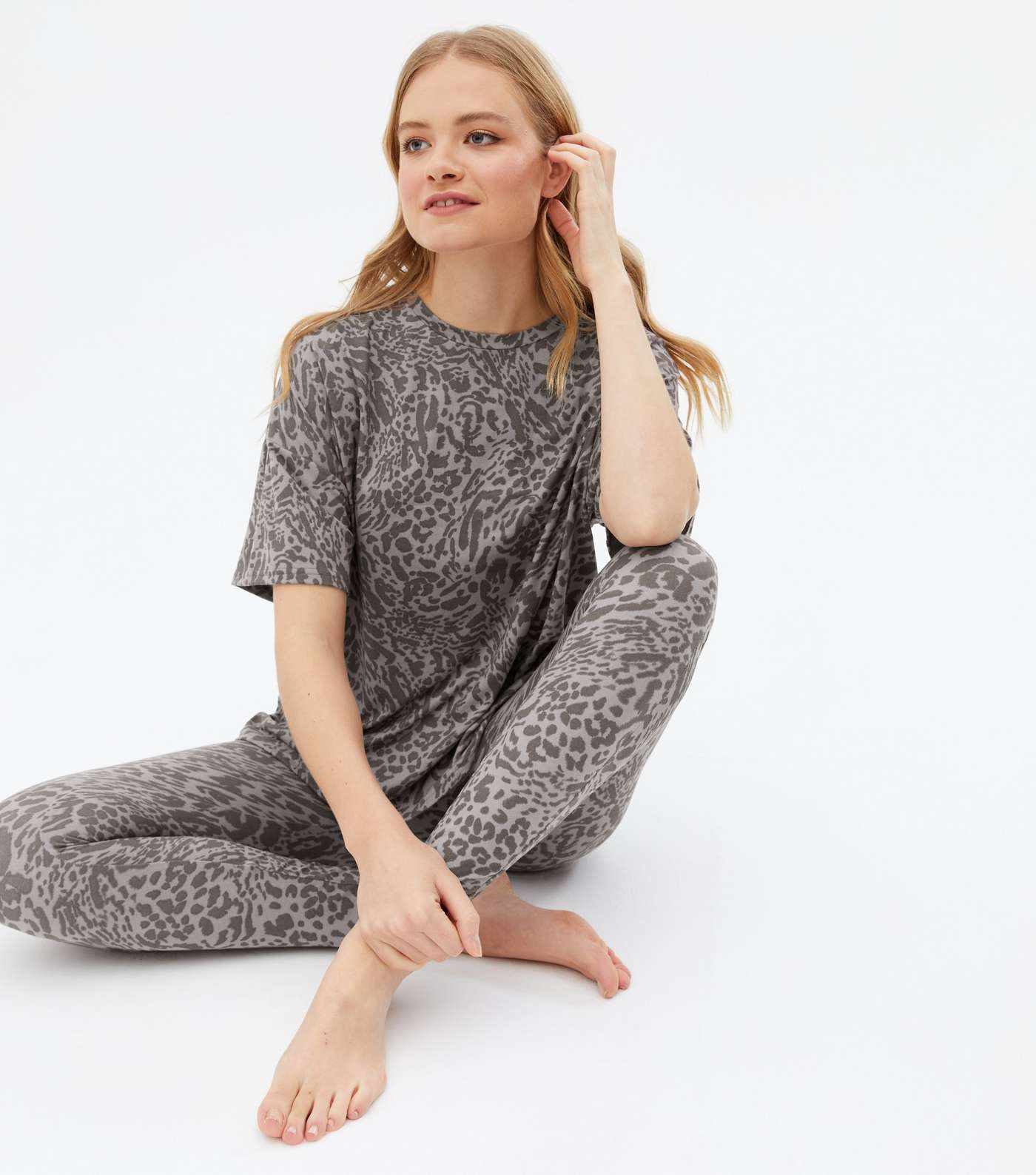 Grey Soft Touch Legging Pyjama Set with Animal Print