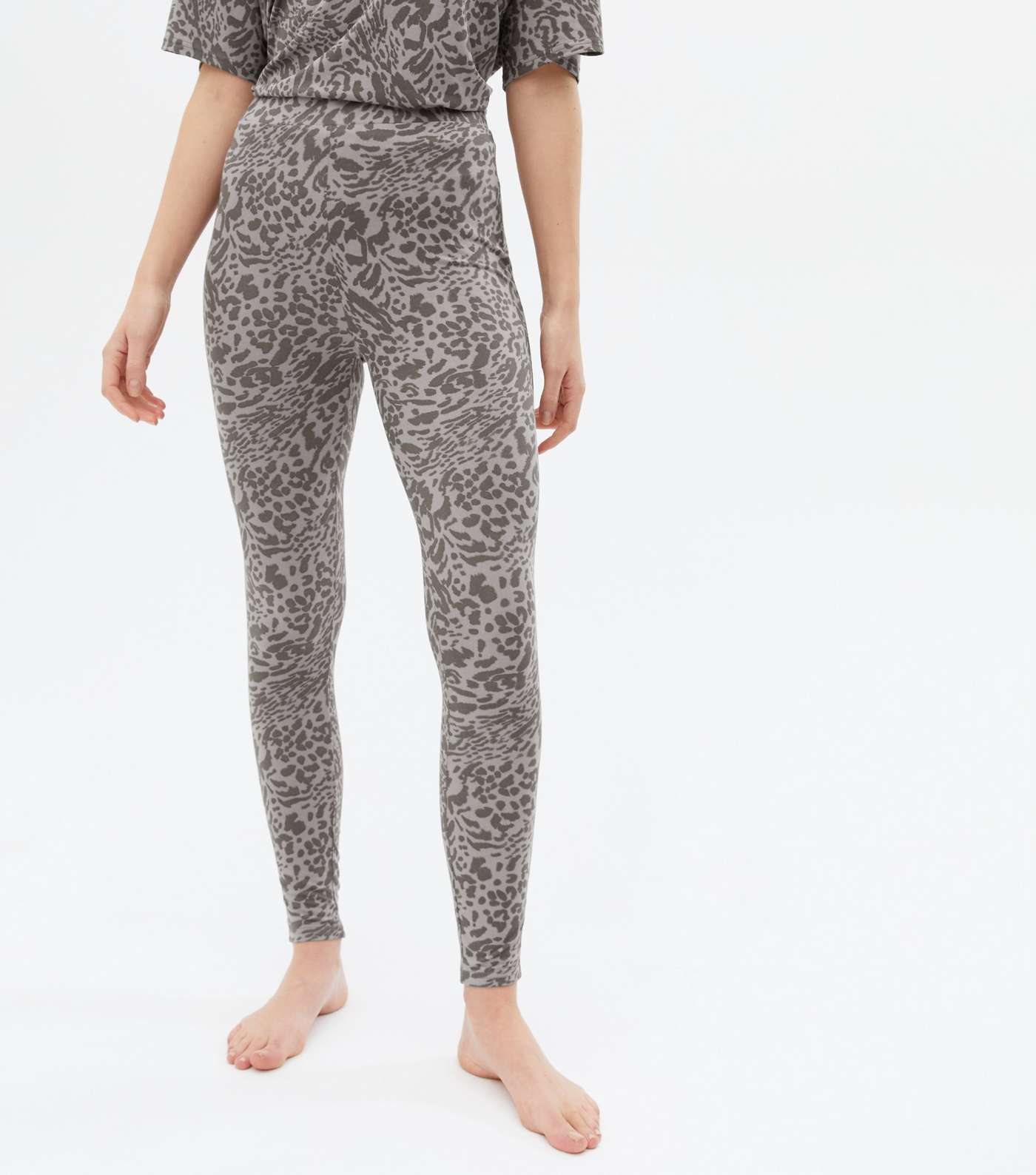 Grey Soft Touch Legging Pyjama Set with Animal Print Image 3