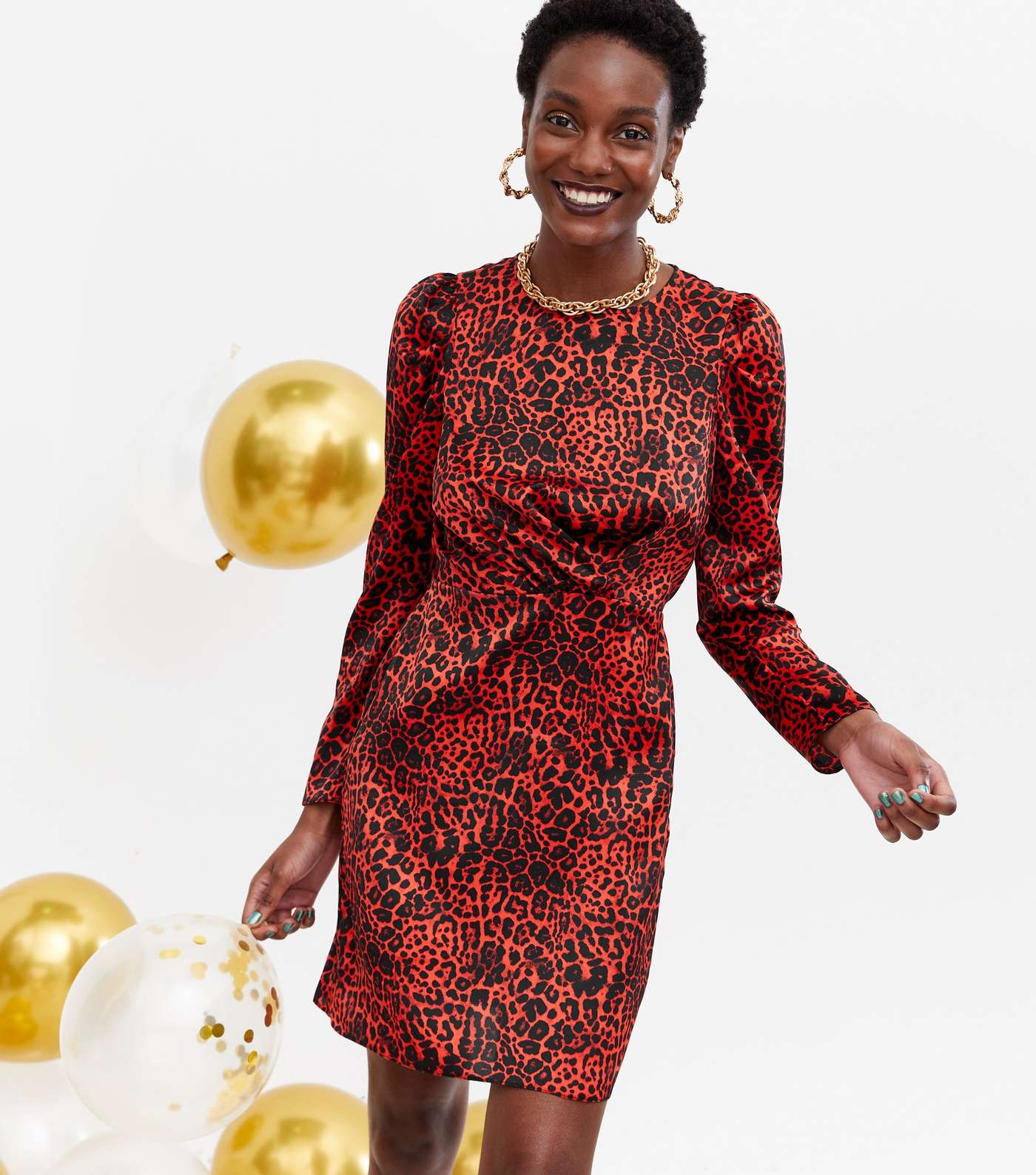 Red Leopard Print Puff Sleeve Mini Dress