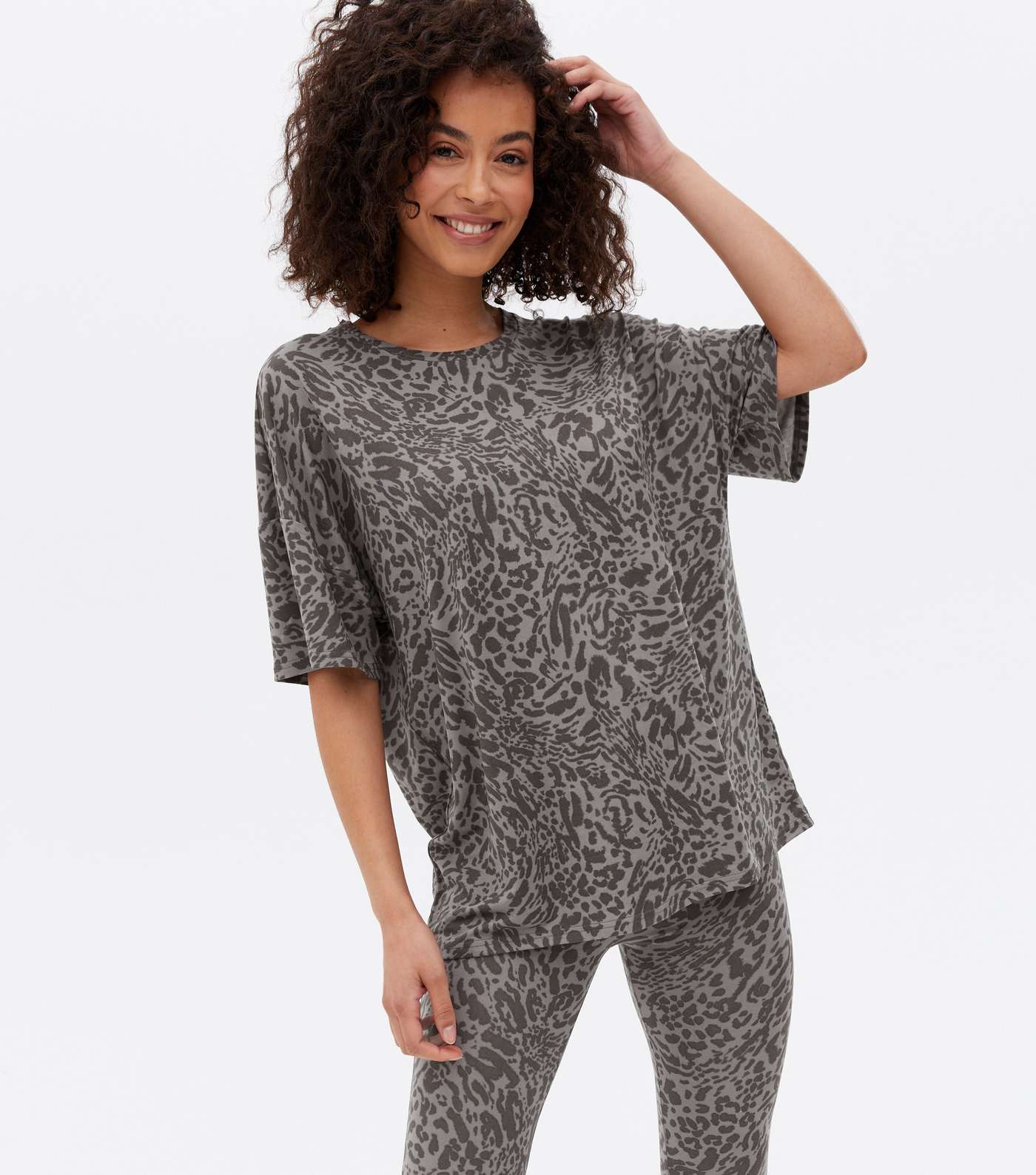 Tall Grey Soft Touch Legging Pyjama Set with Animal Print Image 2