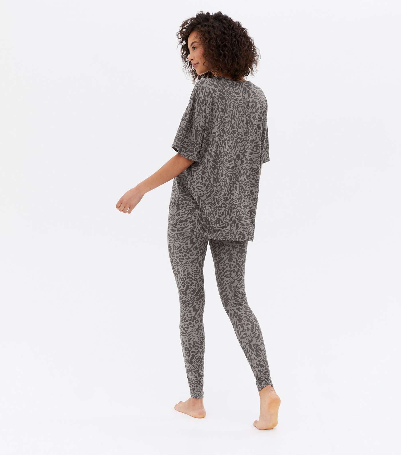 Tall Grey Soft Touch Legging Pyjama Set with Animal Print Image 4