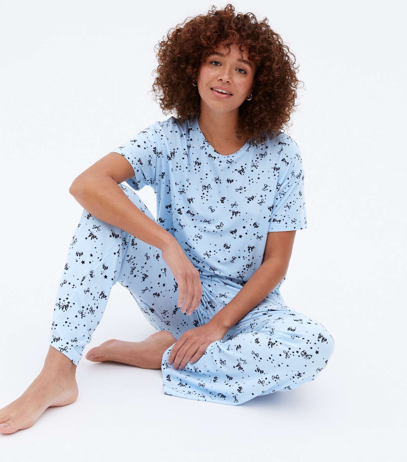 Blue Soft Touch Trouser Pyjama Set with Bow Print