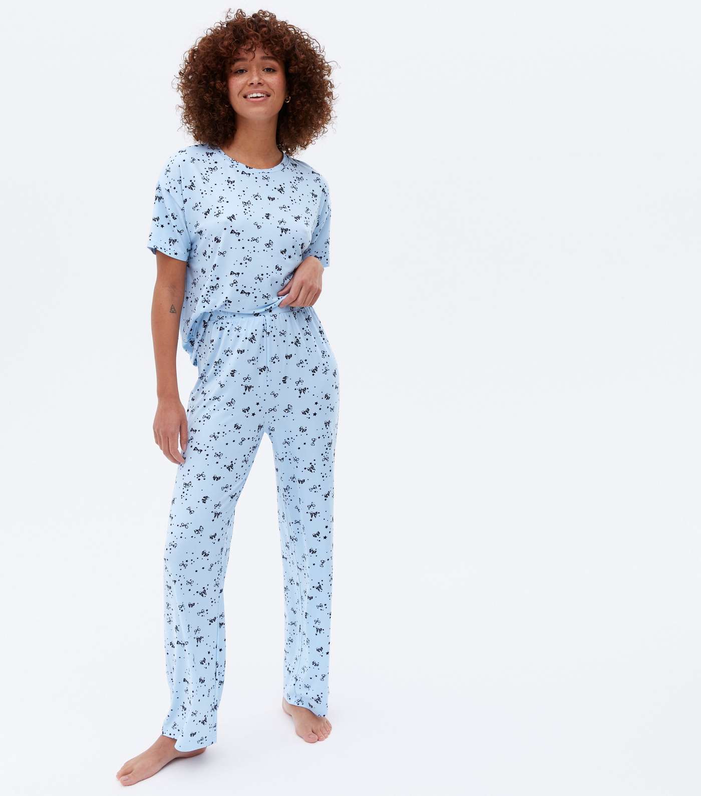 Blue Soft Touch Trouser Pyjama Set with Bow Print Image 3