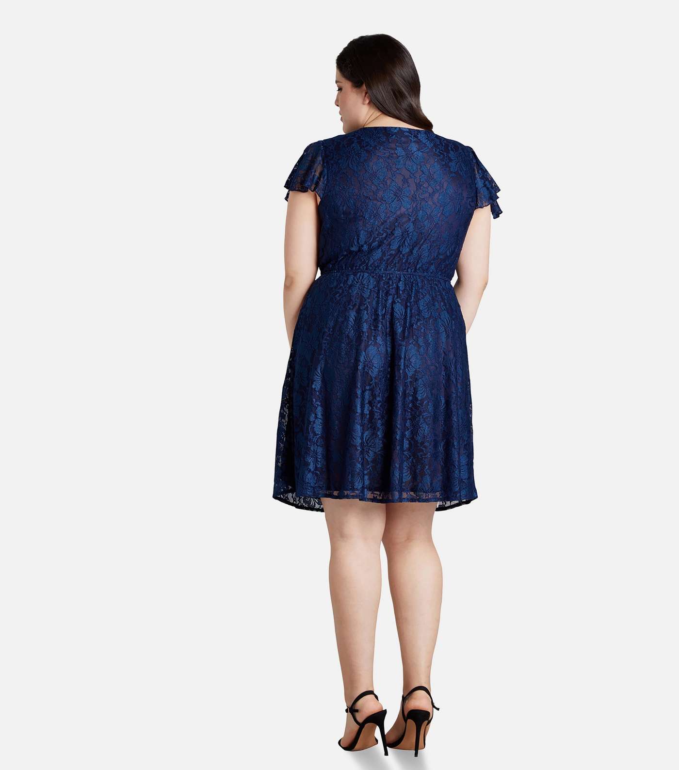 Mela Curves Navy Lace Flutter Sleeve Mini Wrap Dress Image 4