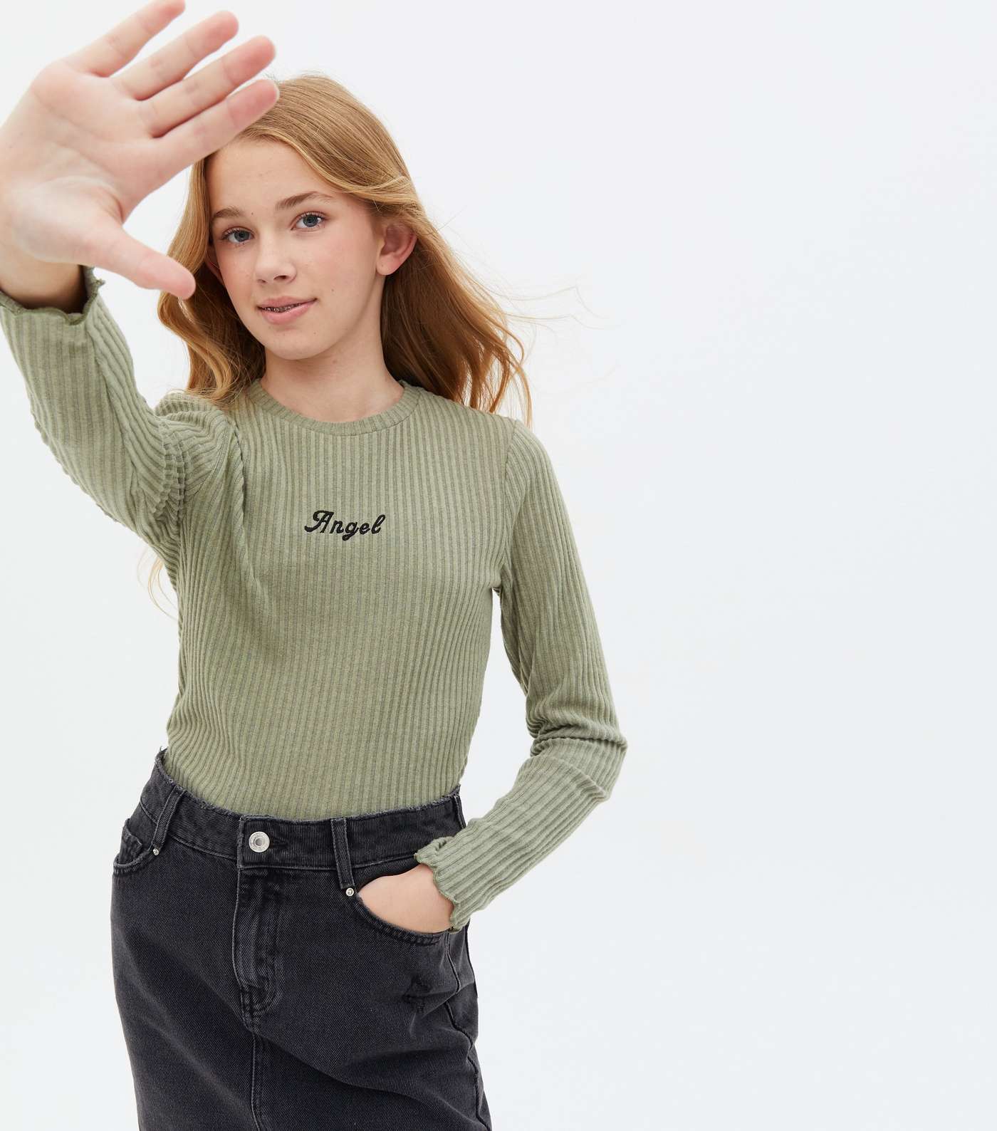 Girls Olive Fine Knit Embroidered Frill Top