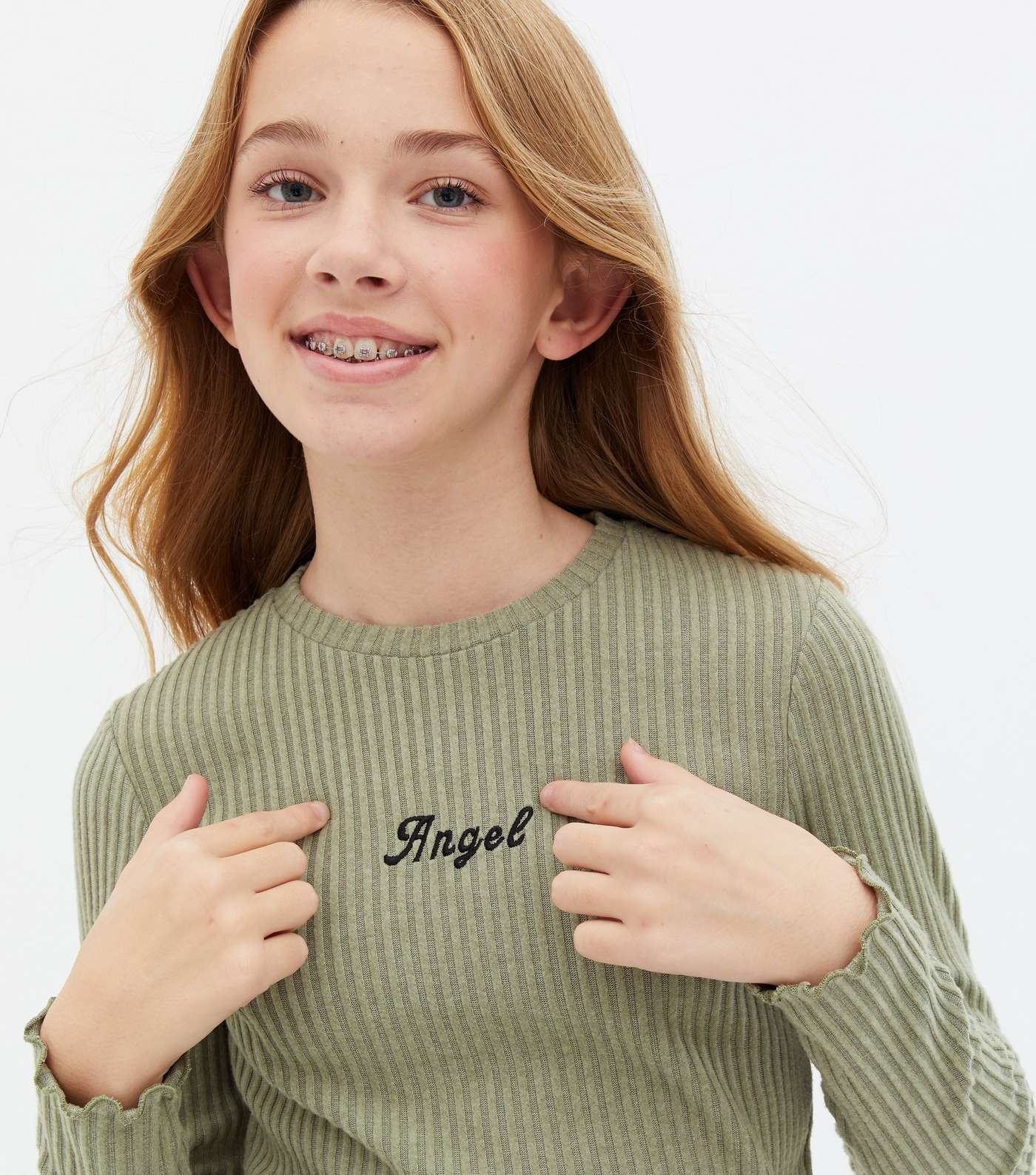 Girls Olive Fine Knit Embroidered Frill Top Image 3