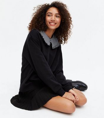 Black Dogtooth Frill Collar Sweatshirt 