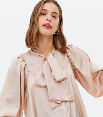 Maternity Pale Pink Satin Long Sleeve Bow Blouse | New Look