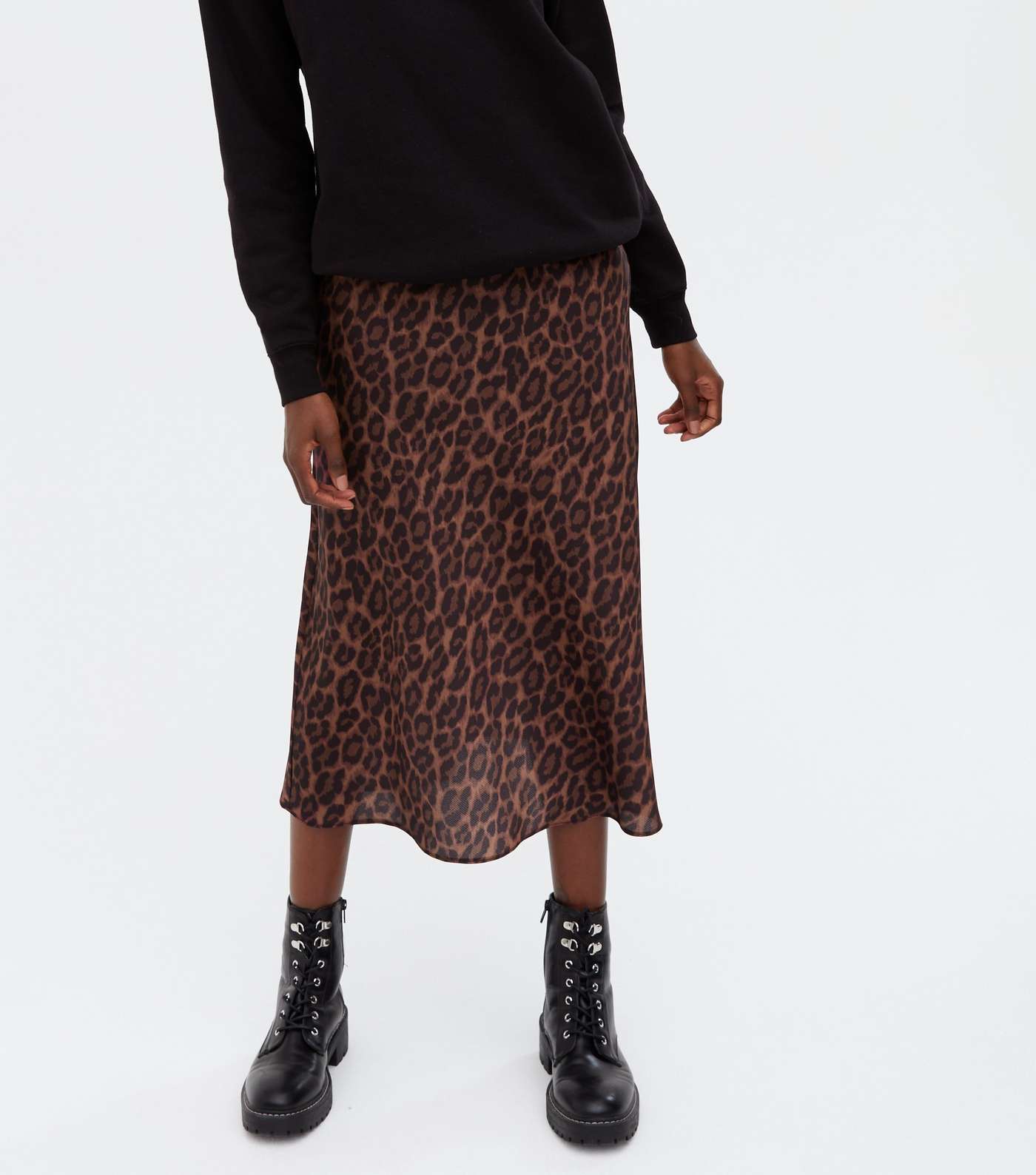 Brown Leopard Print Satin Bias Cut Midi Skirt Image 2