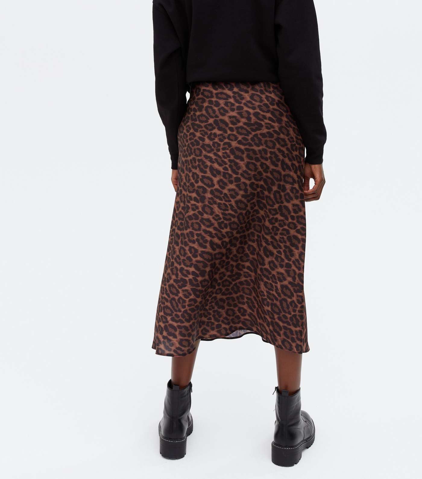 Brown Leopard Print Satin Bias Cut Midi Skirt Image 4