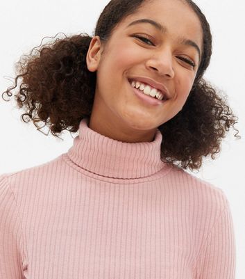 Girls Pale Pink Fine Knit Frill Roll Neck Top New Look