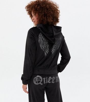Black Velvet Diamante Angel Wings Hoodie New Look