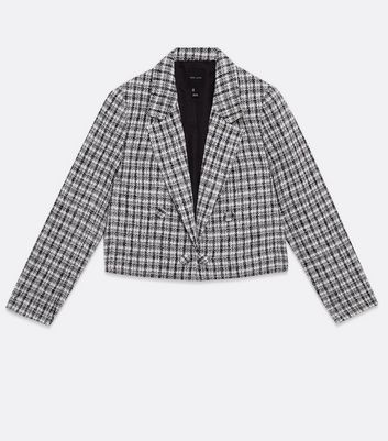 Black Check Boucle Crop Blazer New Look