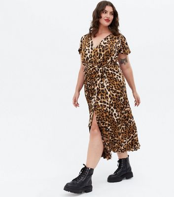 Click to view product details and reviews for Curves Brown Leopard Print Satin Pleated Midi Wrap Dress New Look.