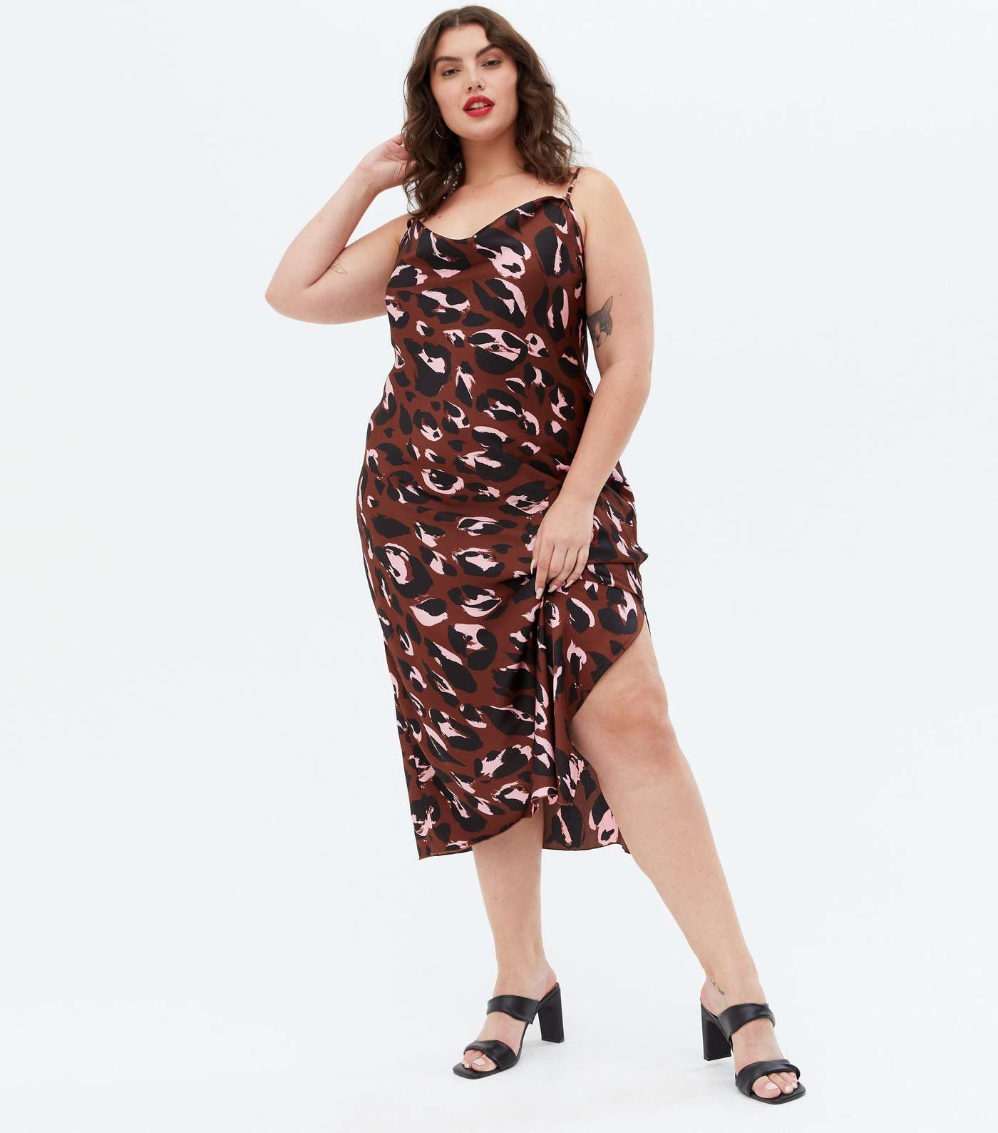 Curves Brown Leopard Print Satin Split Hem Midi Slip Dress